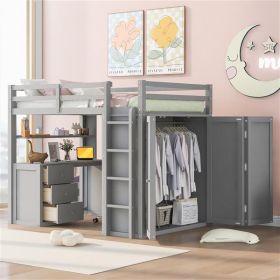 Full size Loft Bed with Drawers,Desk,and Wardrobe-Gray